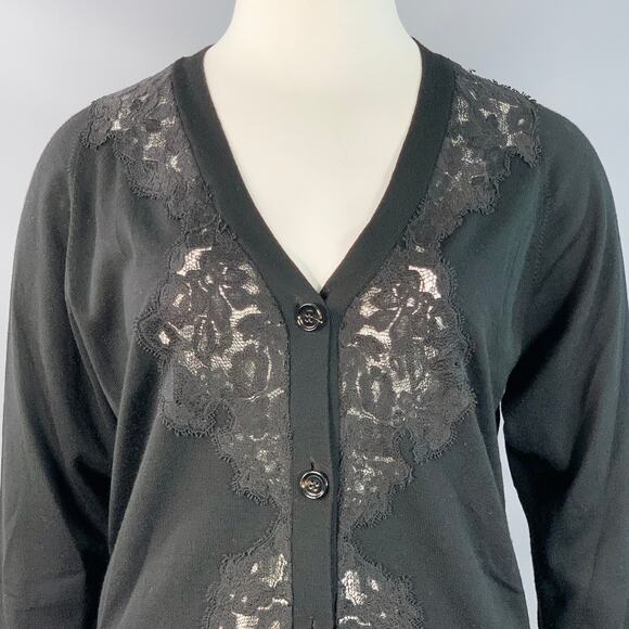 CHLOE Size L Black Wool Lace Trim V-Neck Button Up Cardigan - Picture 2 of 7